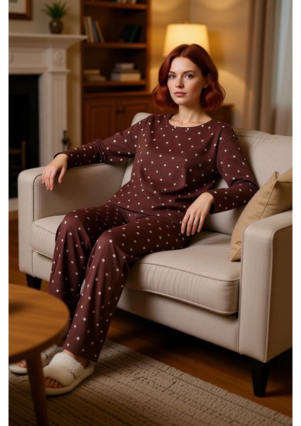 Kadın Kalp Desenli Bisiklet Yaka Pijama Takımı Fonksiyonel Dayanıklı Kaliteli Konforlu Şık