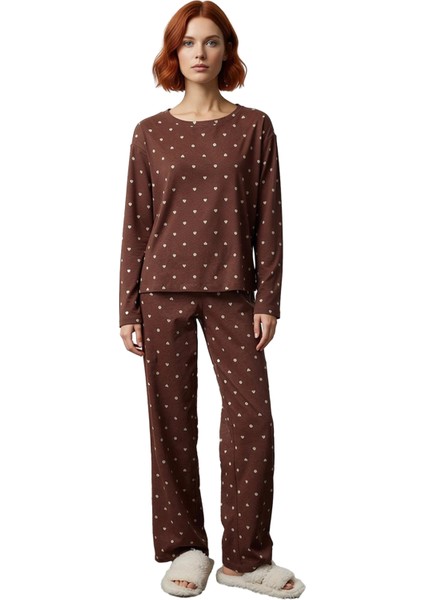 Kadın Kalp Desenli Bisiklet Yaka Pijama Takımı Fonksiyonel Dayanıklı Kaliteli Konforlu Şık fırsatları