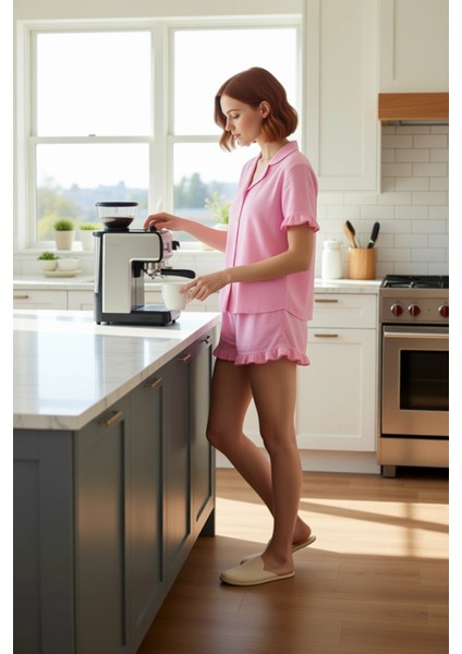 Kadın Fırfırlı Müslin Pijama Takımı Kısa Kollu Gömlek Şort Fonksiyonel Dayanıklı Kaliteli Şık