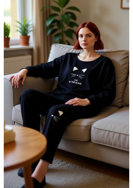Kedi Baskılı Pamuklu Ev Giyim Takımı Kadin Fonksiyonel Dayanıklı Kaliteli Konforlu Estetik