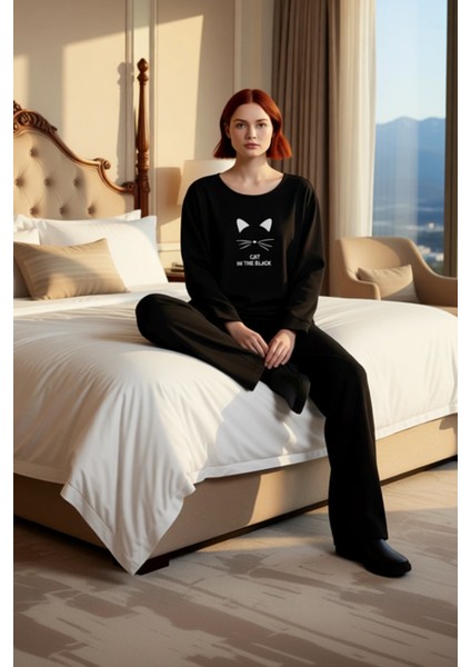 Kedi Baskılı Pamuklu Ev Giyim Takımı Kadin Fonksiyonel Dayanıklı Kaliteli Konforlu Estetik modelleri