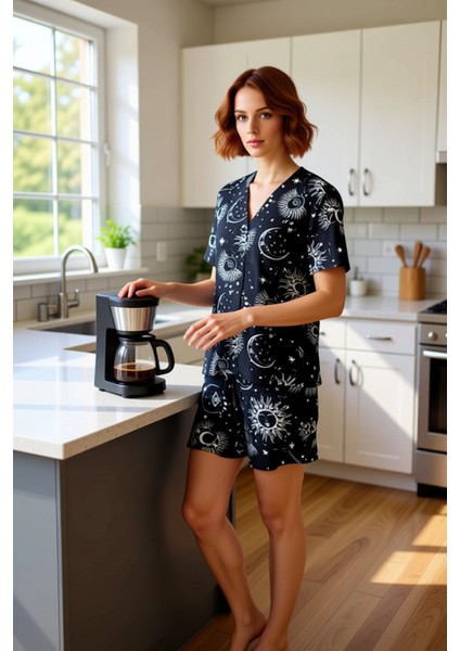 Kadın Galaksi Baskılı Viskon Pijama Takımı Gömlek ve Şort Fonksiyonel Dayanıklı Kaliteli Şık indirimleri