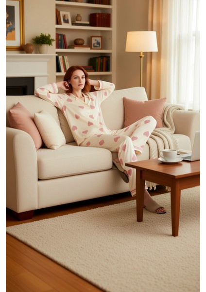 Kalp Desenli Viskon Gömlek Pijama Takımı Kadın Fonksiyonel Dayanıklı Kaliteli Konforlu Şık