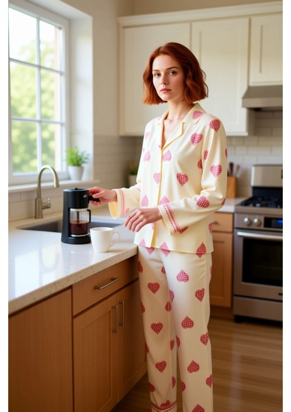 Kalp Desenli Viskon Gömlek Pijama Takımı Kadın Fonksiyonel Dayanıklı Kaliteli Konforlu Şık fiyatları