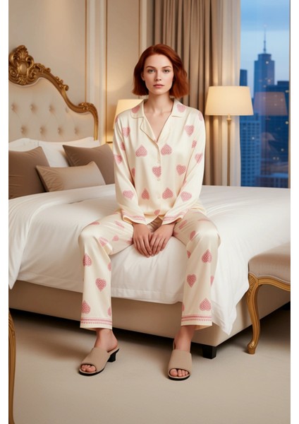 Kalp Desenli Viskon Gömlek Pijama Takımı Kadın Fonksiyonel Dayanıklı Kaliteli Konforlu Şık modelleri