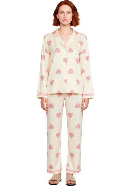 Kalp Desenli Viskon Gömlek Pijama Takımı Kadın Fonksiyonel Dayanıklı Kaliteli Konforlu Şık fırsatları
