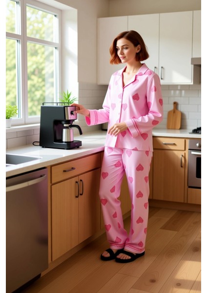 Kalp Desenli Viskon Gömlek Pijama Takımı Kadın Fonksiyonel Dayanıklı Kaliteli Konforlu Şık fiyatları