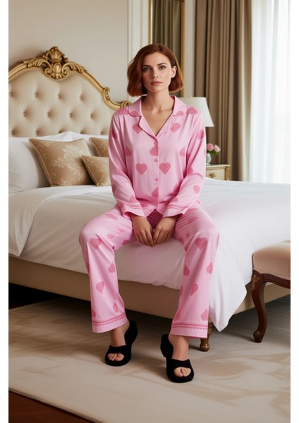 Kalp Desenli Viskon Gömlek Pijama Takımı Kadın Fonksiyonel Dayanıklı Kaliteli Konforlu Şık modelleri