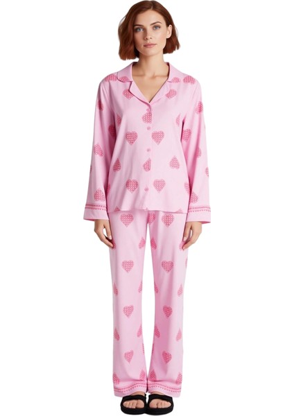 Kalp Desenli Viskon Gömlek Pijama Takımı Kadın Fonksiyonel Dayanıklı Kaliteli Konforlu Şık fırsatları
