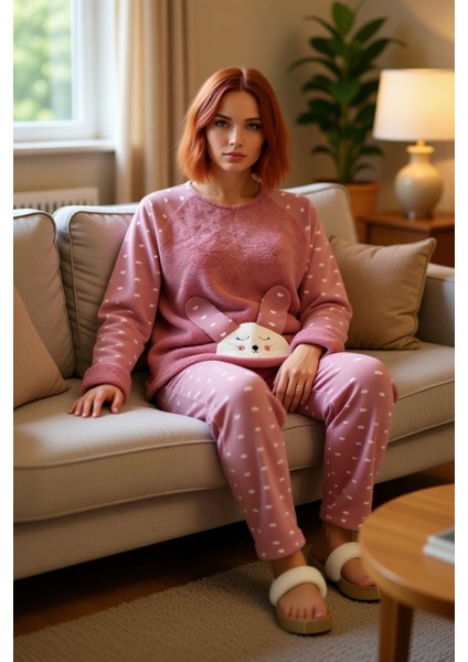 Kadın Sevimli Tavşan Detaylı Polar Pijama Takımı Fonksiyonel Dayanıklı Kaliteli Konforlu Şık
