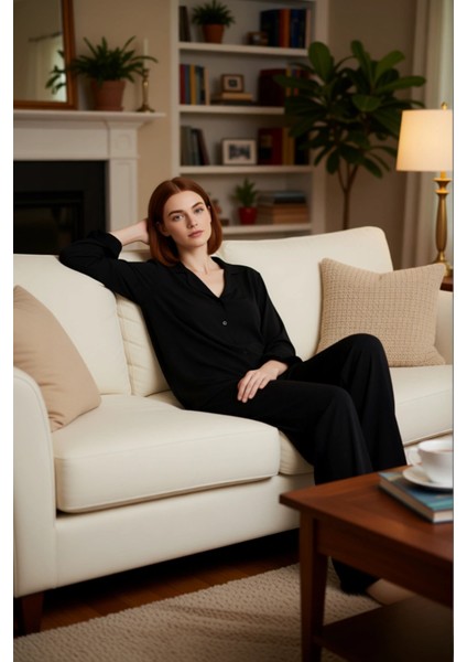 Kadın Gömlek Yaka Volan Detaylı Pijama Takımı Fonksiyonel Dayanıklı Kaliteli Konforlu Spor