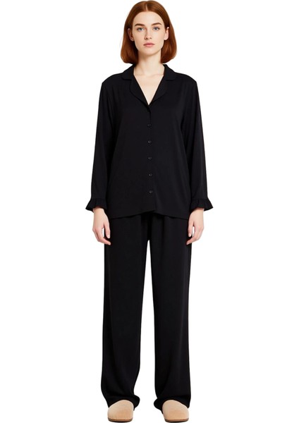 Kadın Gömlek Yaka Volan Detaylı Pijama Takımı Fonksiyonel Dayanıklı Kaliteli Konforlu Spor fırsatları