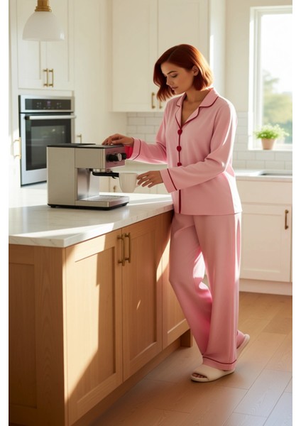 Kadın Viskon Gömlek Yaka Pijama Takımı Kalp Detaylı Fonksiyonel Dayanıklı Kaliteli Estetik