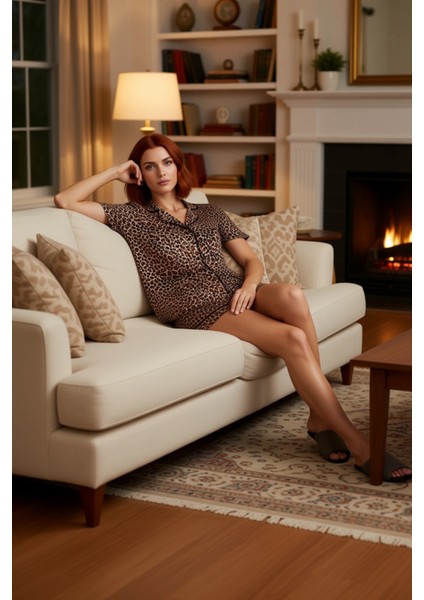 Kadın Animal Print Gömlek Şort Pijama Takımı Fonksiyonel Dayanıklı Kaliteli Konforlu Rahat fırsatları