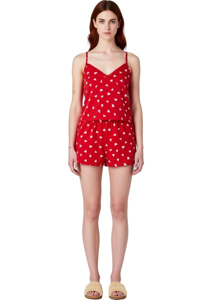 Kadın Kalp Desenli Ince Askılı V Yaka Pijama Takımı Fonksiyonel Dayanıklı Kaliteli Estetik fırsatları