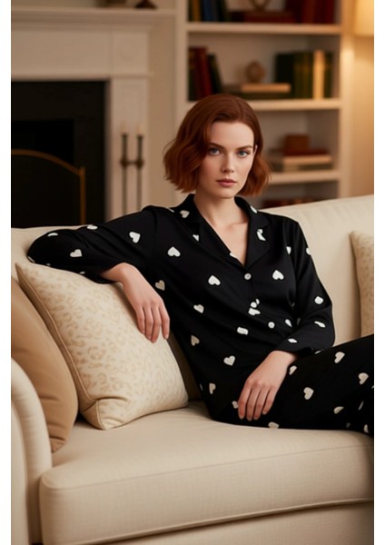 Kadin Kirmizi Kalp Desenli Gömlek Yaka Pijama Takımı Fonksiyonel Dayanıklı Kaliteli Modern