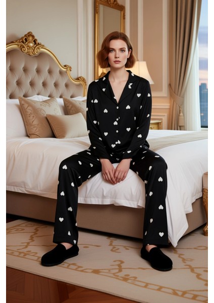 Kadin Kirmizi Kalp Desenli Gömlek Yaka Pijama Takımı Fonksiyonel Dayanıklı Kaliteli Modern modelleri