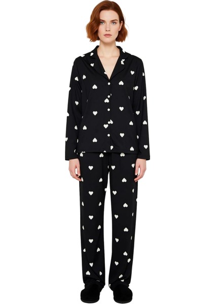 Kadin Kirmizi Kalp Desenli Gömlek Yaka Pijama Takımı Fonksiyonel Dayanıklı Kaliteli Modern fırsatları