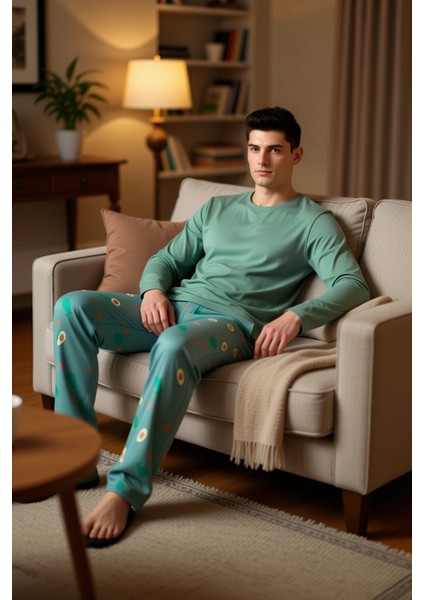 Avokado Baskılı Erkek Pijama Takımı Bisiklet Yaka Fonksiyonel Dayanıklı Kaliteli Konforlu Şık
