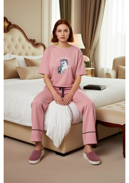 Kadın Unicorn Baskılı Bisiklet Yaka Pijama Takımı Fonksiyonel Dayanıklı Kaliteli Konforlu Şık modelleri