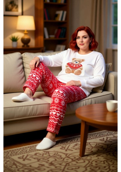 Kadin Ayicik Desenli Uzun Kol Pijama Takımı Fonksiyonel Dayanıklı Kaliteli Konforlu Modern