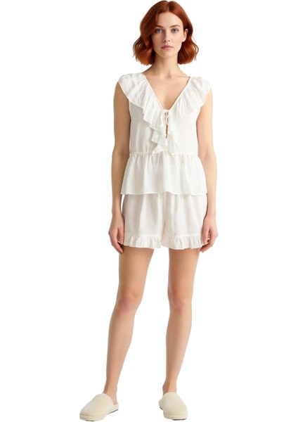 Kadın Viskon Fırfırlı Bağcıklı Pijama Takımı Fonksiyonel Dayanıklı Kaliteli Konforlu Rahat modelleri