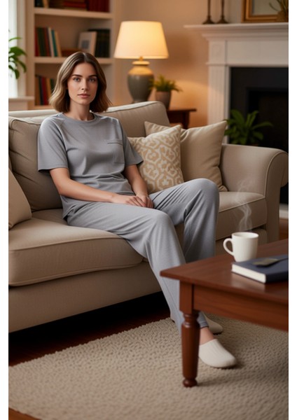 Kadın Melanj Kalp Nakışlı Pijama Takımı Fonksiyonel Dayanıklı Kaliteli Konforlu Estetik Şık