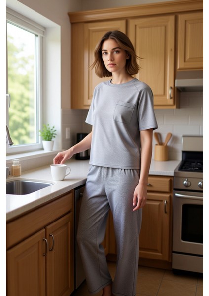 Kadın Melanj Kalp Nakışlı Pijama Takımı Fonksiyonel Dayanıklı Kaliteli Konforlu Estetik Şık fiyatları