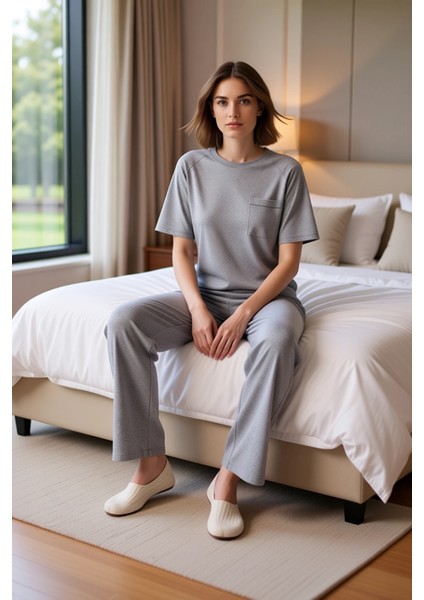 Kadın Melanj Kalp Nakışlı Pijama Takımı Fonksiyonel Dayanıklı Kaliteli Konforlu Estetik Şık modelleri