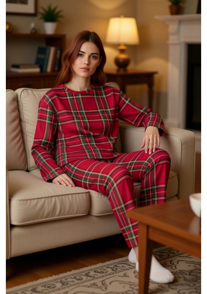 Kadın Ekose Desenli Bisiklet Yaka Pijama Takımı Fonksiyonel Dayanıklı Kaliteli Konforlu Şık