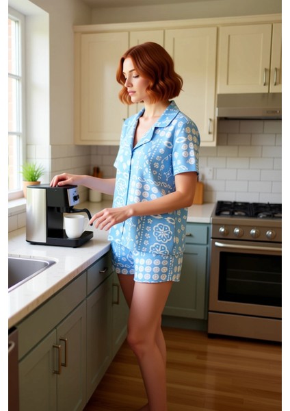 Kadın Etnik Desenli Viskon Pijama Takımı Gömlek Şort Fonksiyonel Dayanıklı Kaliteli Modern