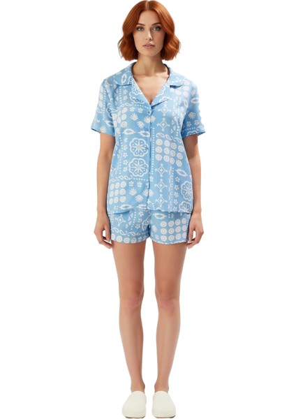 Kadın Etnik Desenli Viskon Pijama Takımı Gömlek Şort Fonksiyonel Dayanıklı Kaliteli Modern modelleri