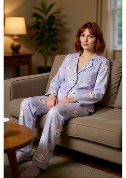 Kadın Viskon Tavşan Desenli Gömlek Pantolon Pijama Takımı Fonksiyonel Dayanıklı Kaliteli Şık