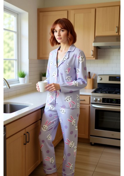 Kadın Viskon Tavşan Desenli Gömlek Pantolon Pijama Takımı Fonksiyonel Dayanıklı Kaliteli Şık fiyatları