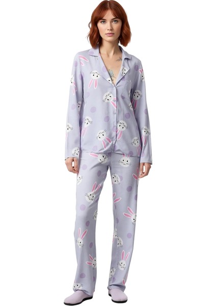 Kadın Viskon Tavşan Desenli Gömlek Pantolon Pijama Takımı Fonksiyonel Dayanıklı Kaliteli Şık fırsatları