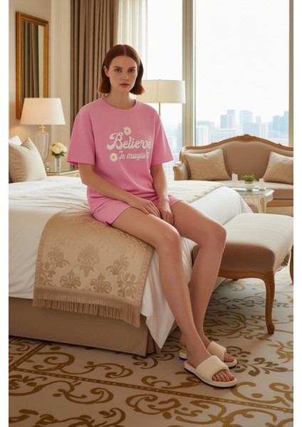 Kadın Slogan Baskılı Bisiklet Yaka Kısa Kollu Pijama Takımı Fonksiyonel Dayanıklı Kaliteli modelleri