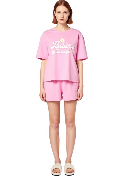 Kadın Slogan Baskılı Bisiklet Yaka Kısa Kollu Pijama Takımı Fonksiyonel Dayanıklı Kaliteli fırsatları