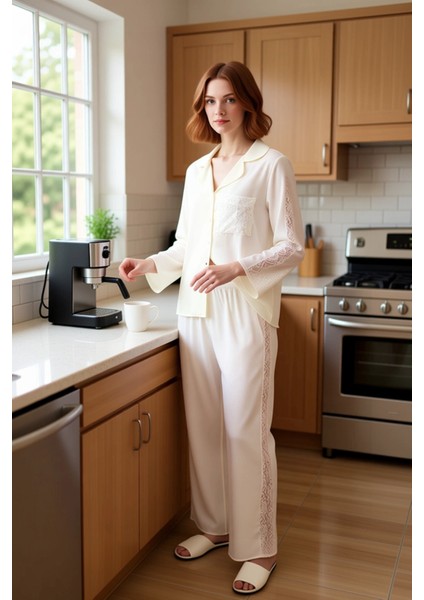 Kadın Viskon Dokuma Pijama Takımı Gömlek Yaka Dantel Detaylı Ev Giyimi Fonksiyonel Estetik