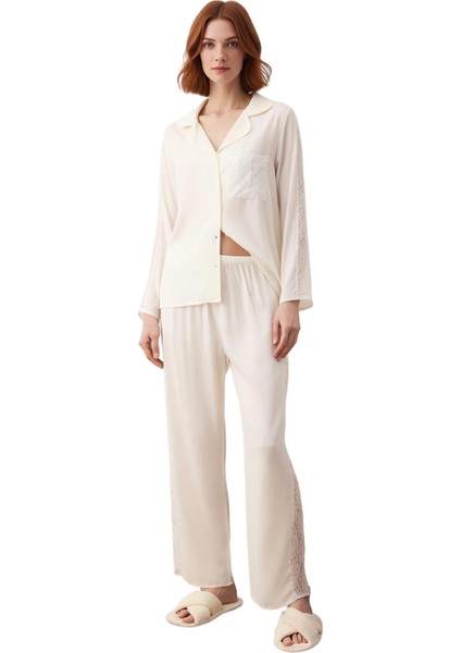 Kadın Viskon Dokuma Pijama Takımı Gömlek Yaka Dantel Detaylı Ev Giyimi Fonksiyonel Estetik modelleri