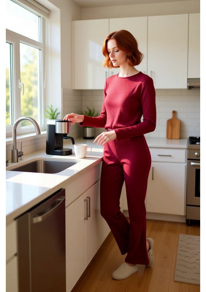 Kadın Fitilli Örme Pijama Takımı Bisiklet Yaka Uzun Kollu Fonksiyonel Dayanıklı Kaliteli Şık fiyatları