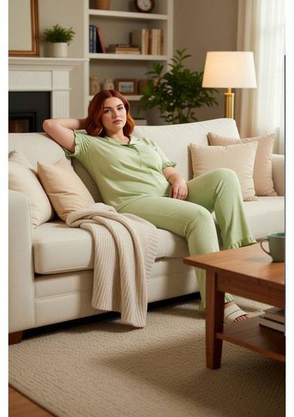 Kadın Fırfırlı Kol Gömlek Yaka Örme Pijama Takımı Fonksiyonel Dayanıklı Kaliteli Konforlu Şık