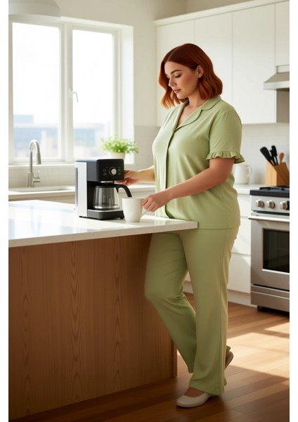 Kadın Fırfırlı Kol Gömlek Yaka Örme Pijama Takımı Fonksiyonel Dayanıklı Kaliteli Konforlu Şık fiyatları