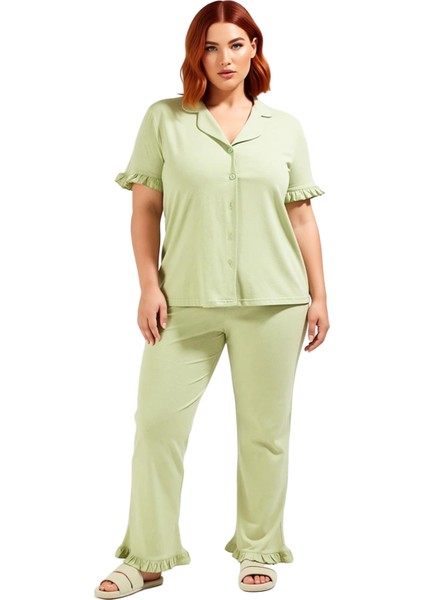 Kadın Fırfırlı Kol Gömlek Yaka Örme Pijama Takımı Fonksiyonel Dayanıklı Kaliteli Konforlu Şık fırsatları