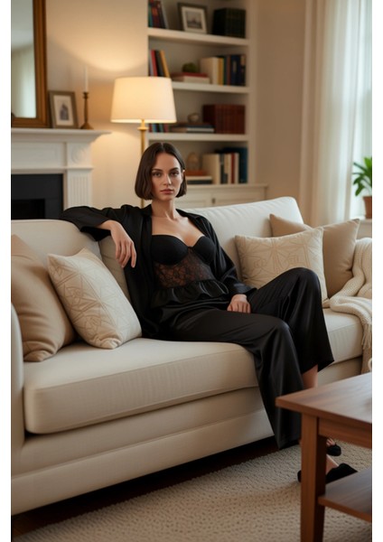 Kadın Saten Dokuma Pijama Takımı Üçlü Set Fonksiyonel Dayanıklı Kaliteli Konforlu Estetik Şık