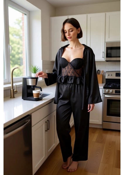 Kadın Saten Dokuma Pijama Takımı Üçlü Set Fonksiyonel Dayanıklı Kaliteli Konforlu Estetik Şık fiyatları