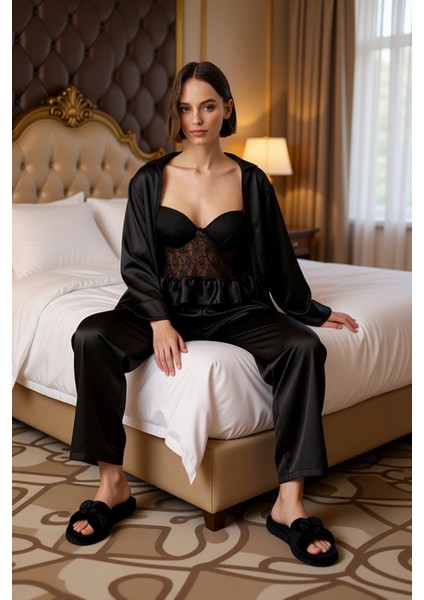 Kadın Saten Dokuma Pijama Takımı Üçlü Set Fonksiyonel Dayanıklı Kaliteli Konforlu Estetik Şık modelleri