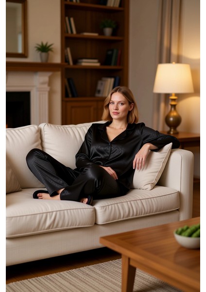 Kadın Zebra Desenli Saten Gömlek ve Pantolon Pijama Takımı Fonksiyonel Dayanıklı Kaliteli Şık