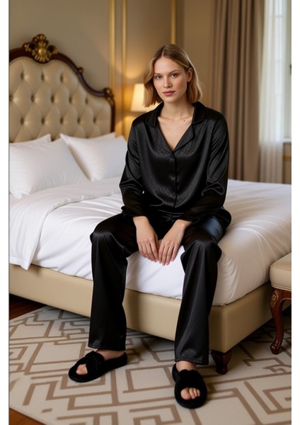 Kadın Zebra Desenli Saten Gömlek ve Pantolon Pijama Takımı Fonksiyonel Dayanıklı Kaliteli Şık modelleri