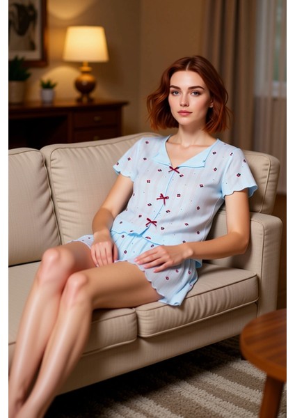 Kadın Çiçekli V Yaka Kısa Kollu Pijama Takımı Fonksiyonel Dayanıklı Kaliteli Konforlu Spor
