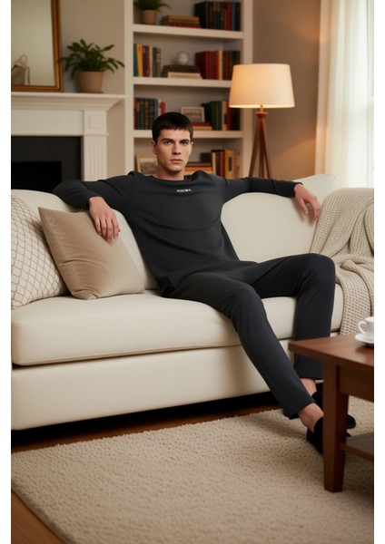 Erkek Antrasit Bisiklet Yaka Baskılı Uzun Kollu Pijama Takımı Fonksiyonel Dayanıklı Modern